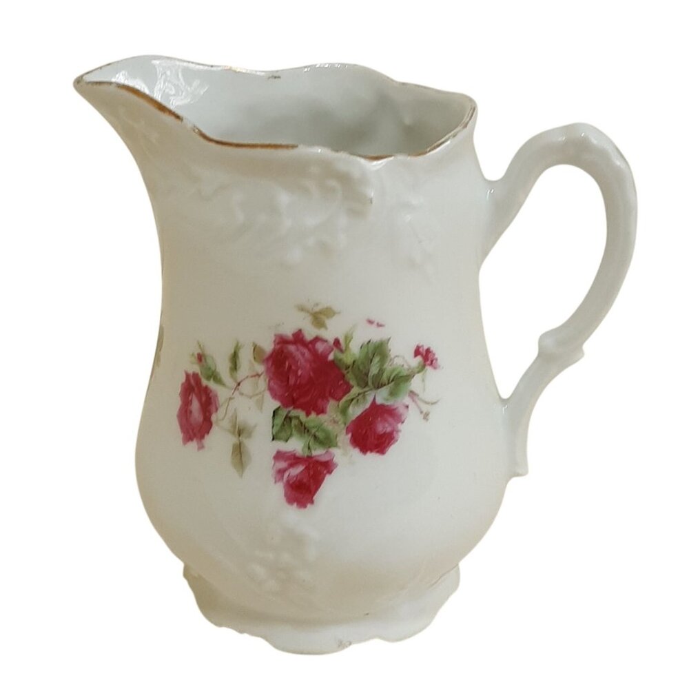 Vintage Floral Porcelain Creamer Pitcher With Rose Design & Ornate Handle